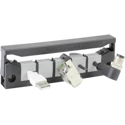 En monteringsram med olika anslutningar: USB, HDMI, RJ45 och en rundkontakt. Används för strukturerad kabelanslutning.