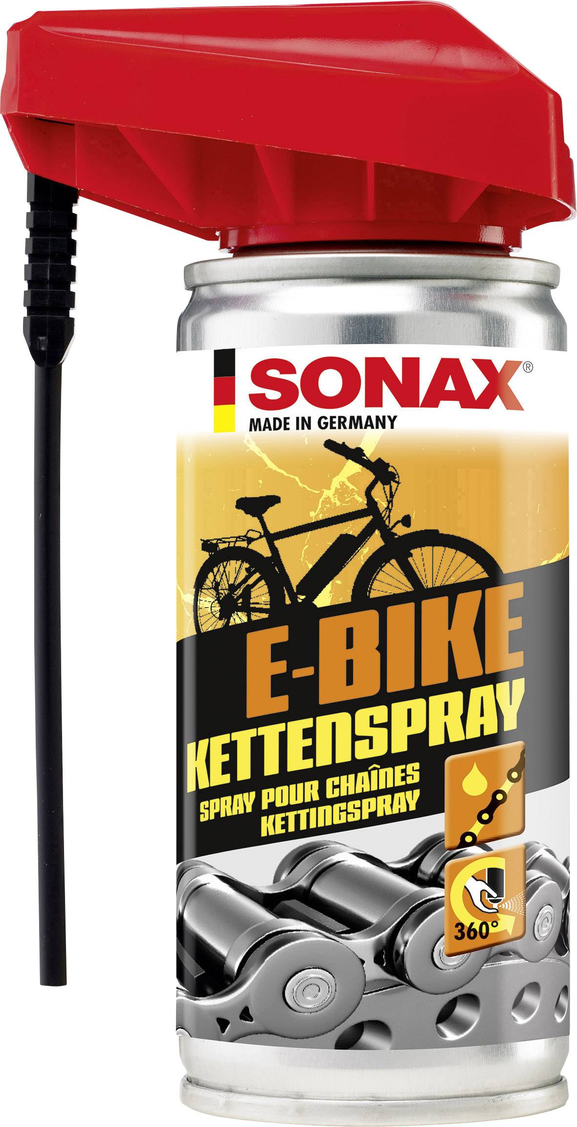 Sprayburk med röd kork, märkt 'E-Bike Kedjespray'. Innehåller bild av en cykel och en kedja, lämplig för cykelkedjor.