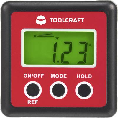 Digital vinkelmätare från Toolcraft med grön display, visar '1,23°'. Funktioner: På/Av, byta läge, hålla värde.