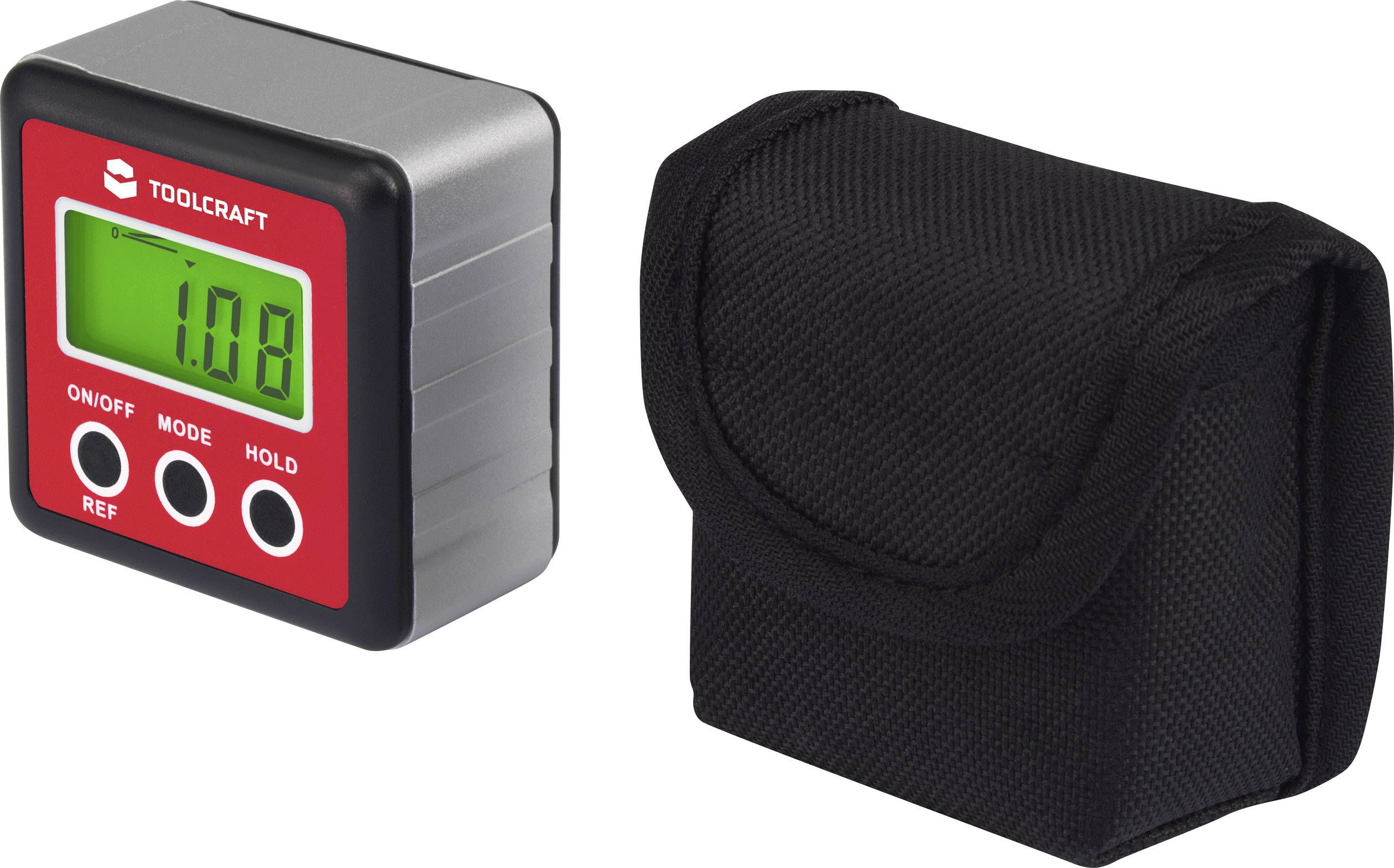 Digital lutningsvinkelmätare med gröd belyst display som visar '1.08'. Bredvid en svart förvaringsväska.