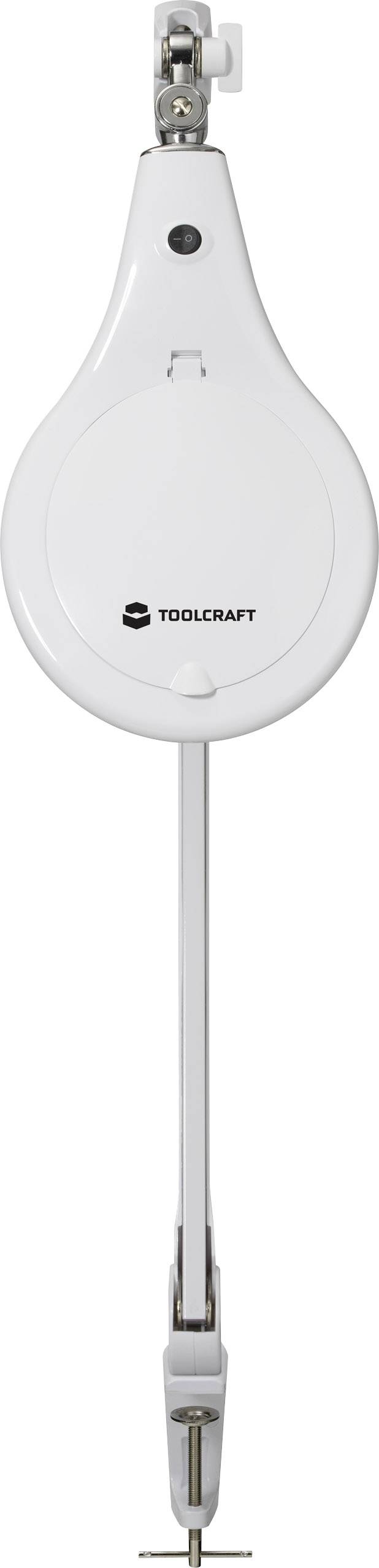 Ett utdragbart, vitt kabelupprullningshölje från varumärket Toolcraft med krok och klämma för fastsättning.