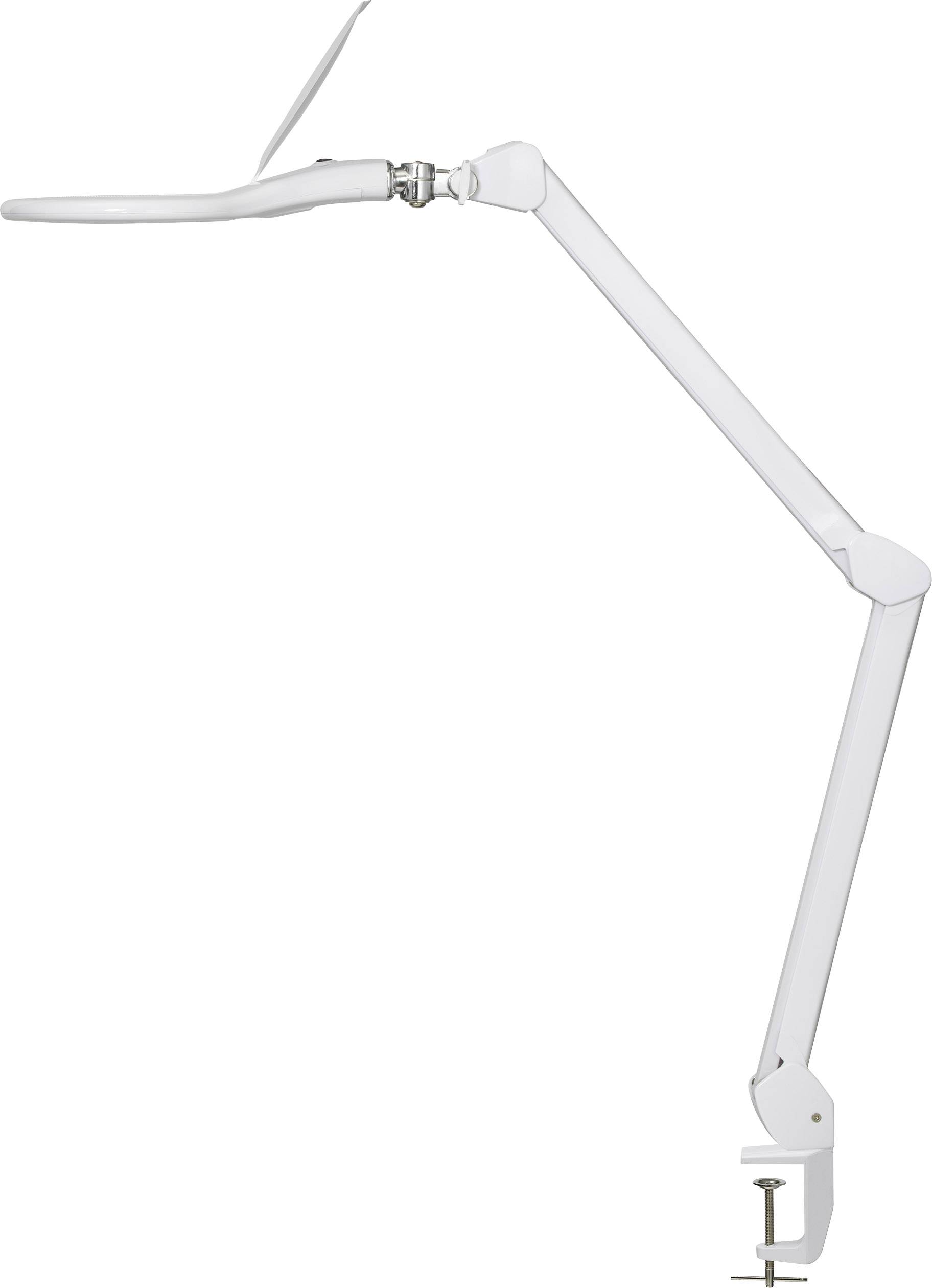 Svängbar vit bordslampa med lång arm och klämfäste.
