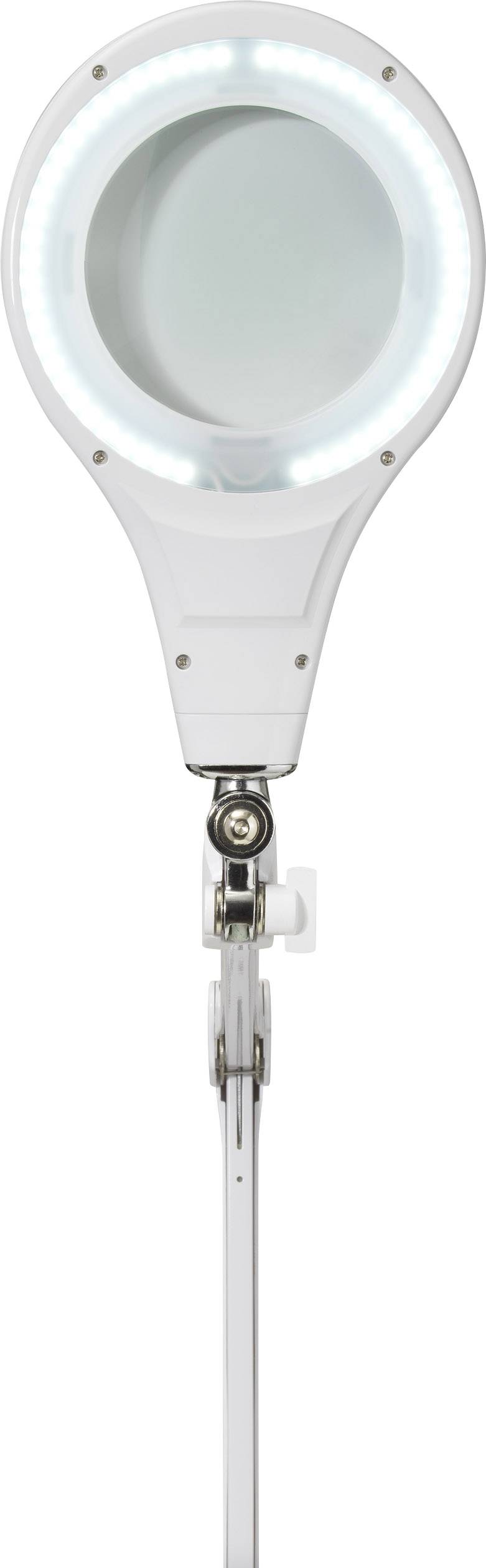 Förstoringsglas med inbyggd LED-belysning, monterat på en flexibel arm, perfekt för precisionsarbeten eller detaljstudier.