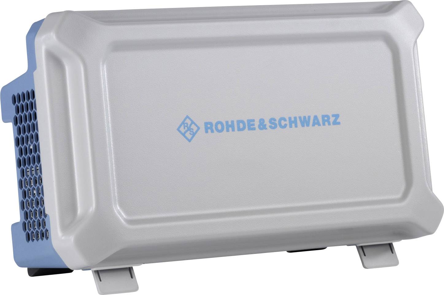 En grå elektronisk apparat med blå text 'ROHDE & SCHWARZ' på framsidan.