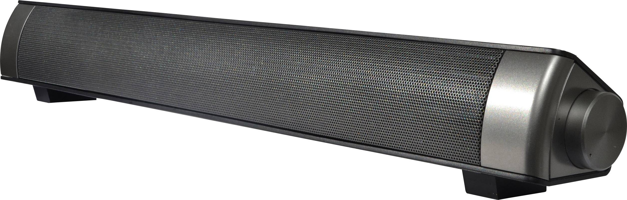 Silverfärgad soundbar med svart högtalargaller och stor vred till höger, presenterad på ett svart stativ.