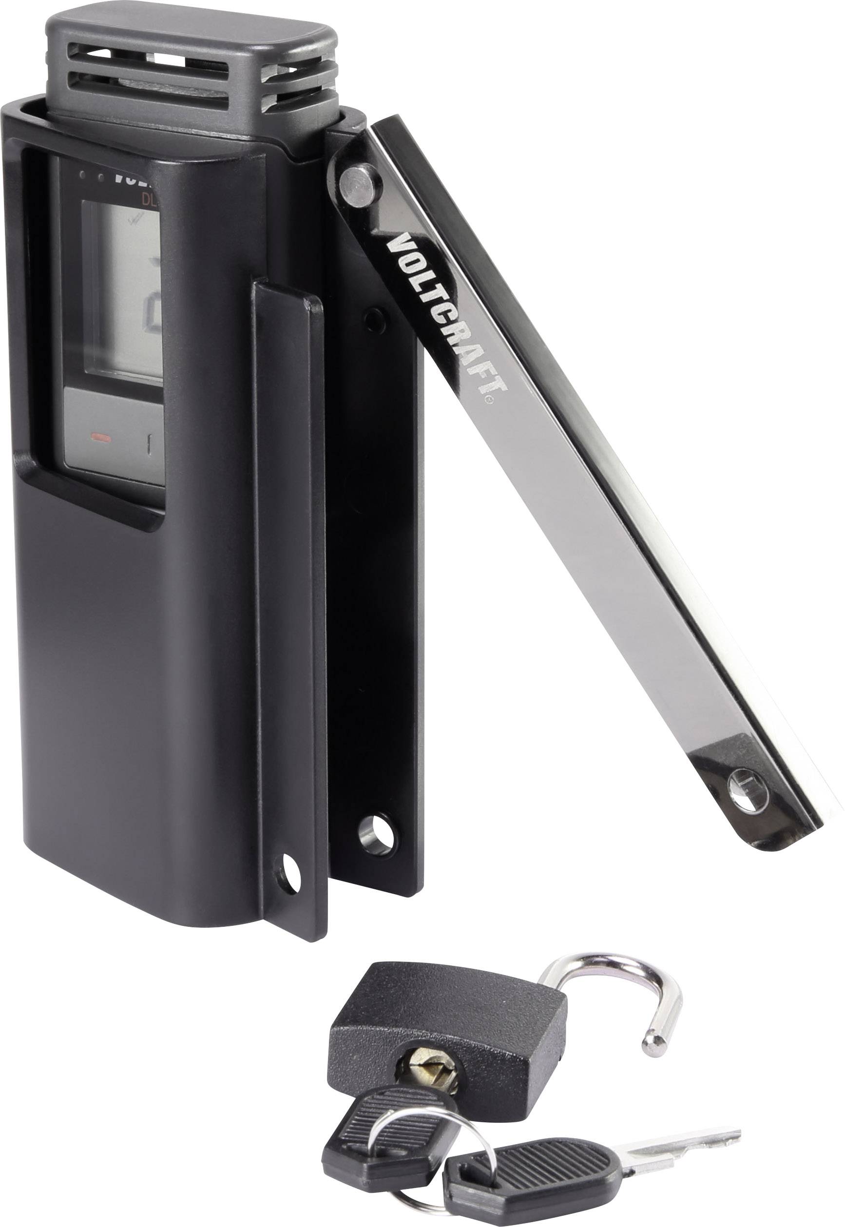 Svart voltmeter med vikbart lock, digitalt display och två hänglås med nycklar i förgrunden.