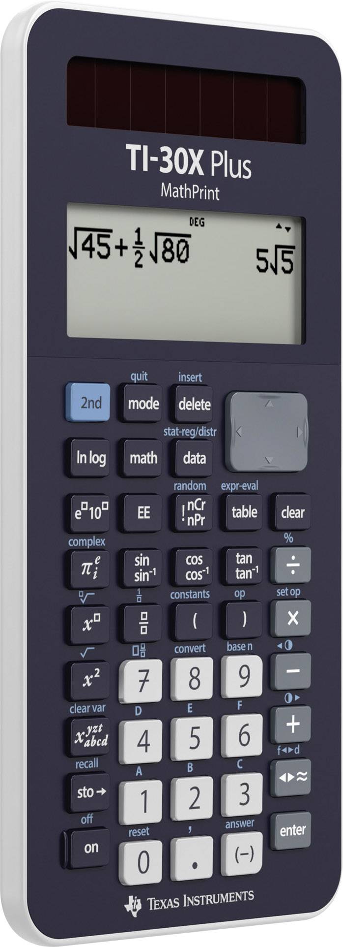En vetenskaplig räknare med solpanel och displayvisning. Visar beräkningsresultat och matematiska funktioner.