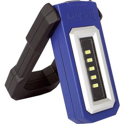 En blå LED-lampa med ett justerbart svart handtag. Fyra LED-lampor är synliga. Lampan har texten 'Kunzer' tryckt på sig.