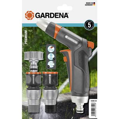 Trädgårdsvattenspray från Gardena i svart och orange. Innehåller två kontaktanslutningar. Tillverkad i Tyskland. Lämplig för olika bevattningsmetoder.