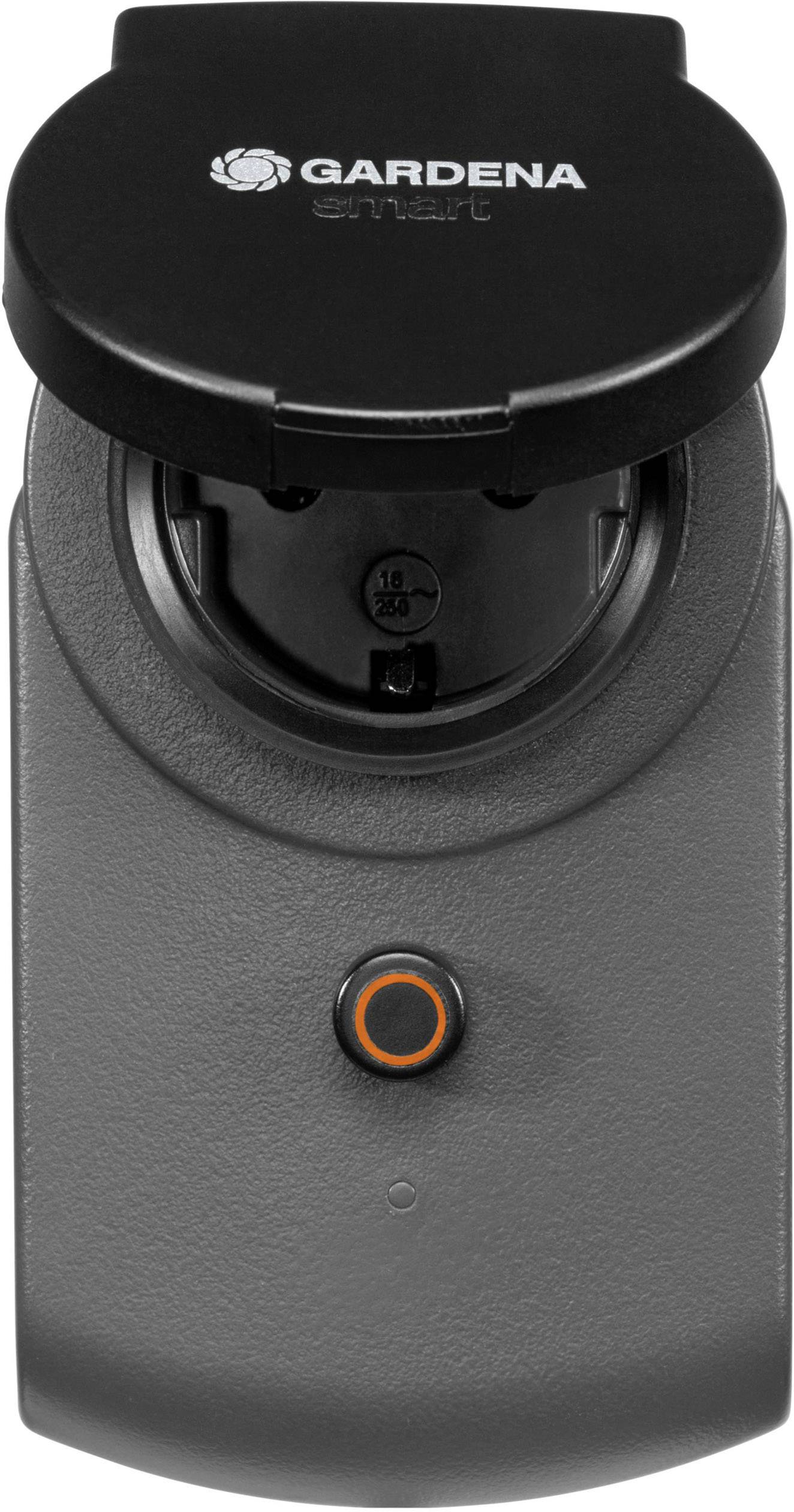 Grå GARDENA elektrisk apparat med ovalt lock och orange knapp i mitten; för smart trädgårdsskötsel.