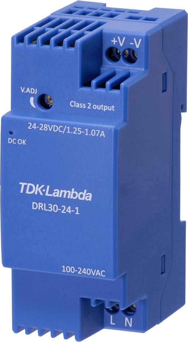 En blå nätaggregat från TDK-Lambda, märkt '24-28VDC/1.25-1.07A' och '100-240VAC', monterbar på DIN-skena.
