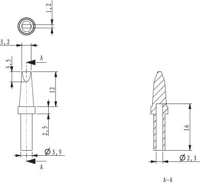 Teknisk ritning av en metallisk verktygskomponent med dimensioner och tvärsnittsvyer, visar detaljerade konstruktionsmått.