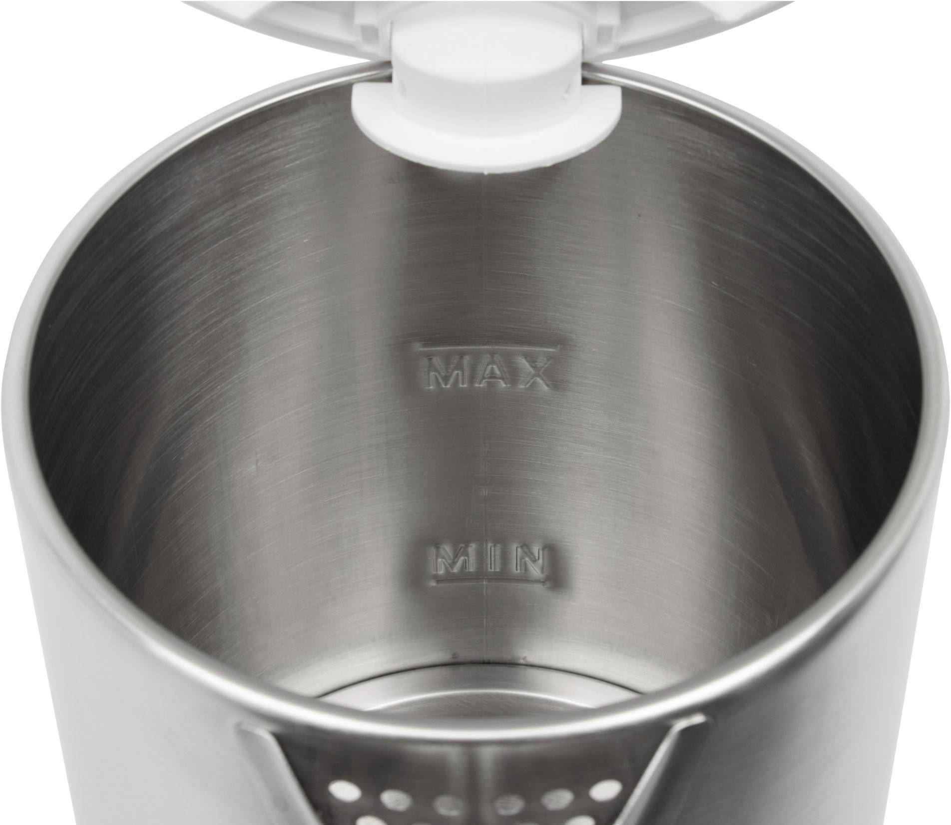 En öppen rostfri behållare med synliga "MAX"- och "MIN"-markeringar invändigt visar fyllningsgränserna.