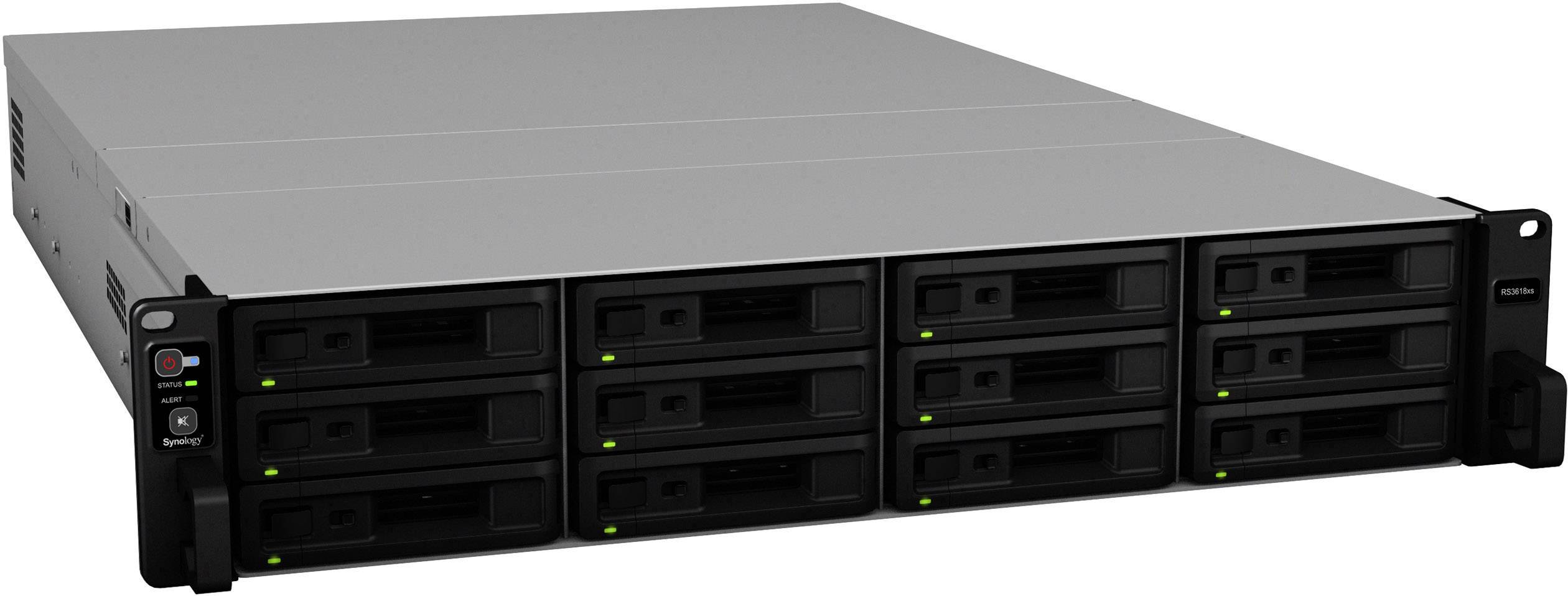 En server i rack-format med tolv platser, lämplig för lagringsmedia i ett datacenter eller nätverksmiljö.