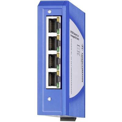 Blå Ethernet-switch med fem RJ-45-portar på framsidan, modell 'SPIDER Standard Line' från Hirschmann.