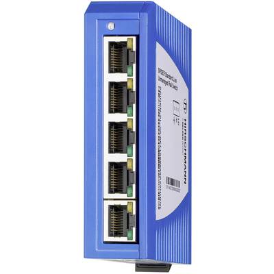 En blå, kompakt Ethernet-switch med fem RJ-45-portar och en etikett 'Hirschmann SPIDER Standard Line' på sidan.