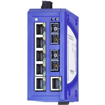 Blå nätverksswitch med åtta Ethernet-portar och två fiberoptiska anslutningar, vertikalt placerade.