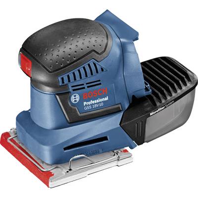 Blå Bosch svängslipmaskin GSS 18V-10 med ergonomiskt handtag och dammuppsamling, lämplig för professionella träarbeten.