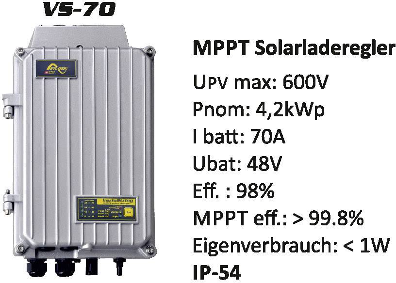 MPPT solarladdregulator VS-70 med specifikationer: max. spänning 600V, 4,2kWp, 70A, 48V, effektivitet 98%, IP-54-skydd, låg egenförbrukning.