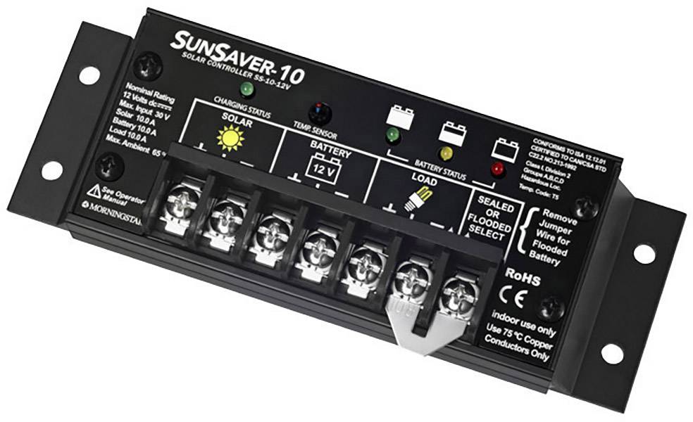 Sunsaver-10 solarladdningsregulator med LED-indikatorer för laddnings- och batteristatus. Flera anslutningsklämmor. Avsedd för solsystem.