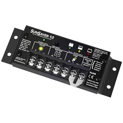 Sunsaver-10 solarladdningsregulator med LED-indikatorer för laddnings- och batteristatus. Flera anslutningsklämmor. Avsedd för solsystem.