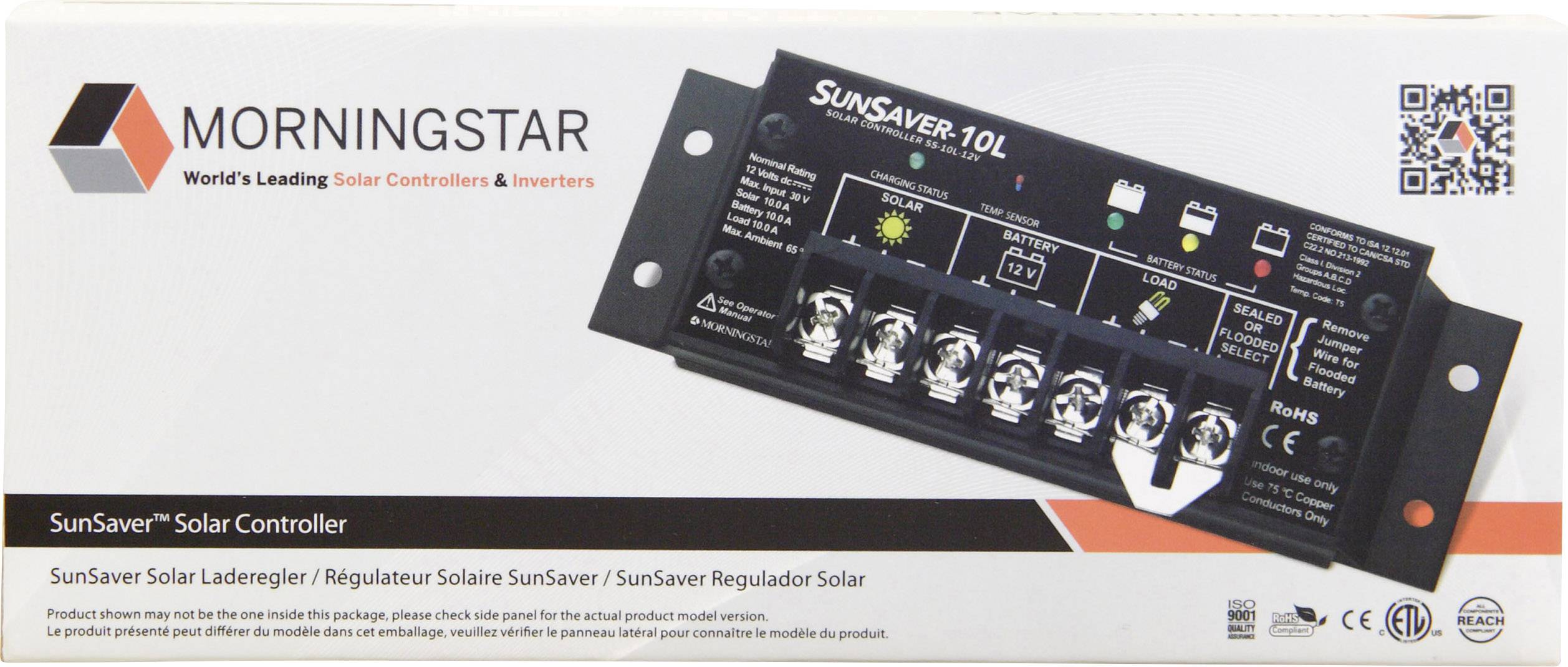 Morningstar solcellsladdreglerförpackning med avbildning av en SunSaver-10L modell. Innehåller tekniska symboler och varumärkeslogotyp.