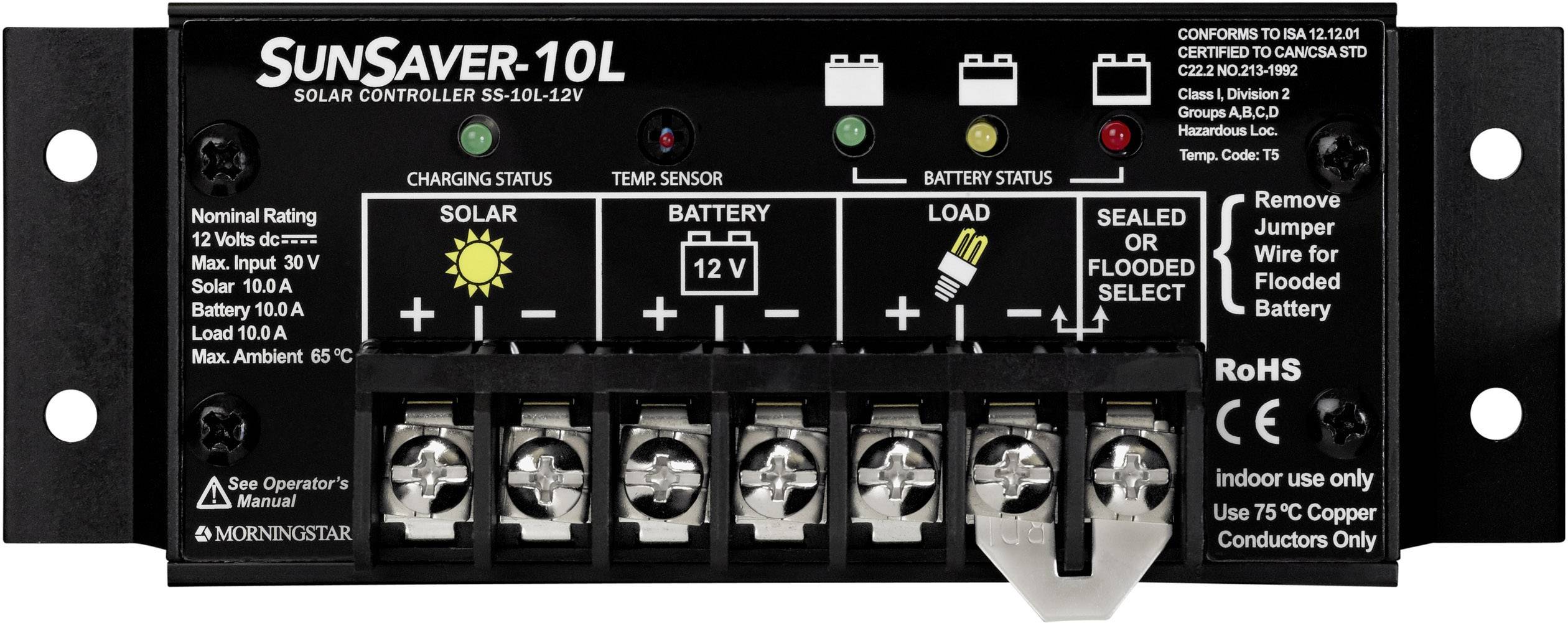 Solcellsladdregulator SunSaver-10L med indikatorer för solpanel, batteri och last. Anslutningsklämmor och funktioner på svart hölje.