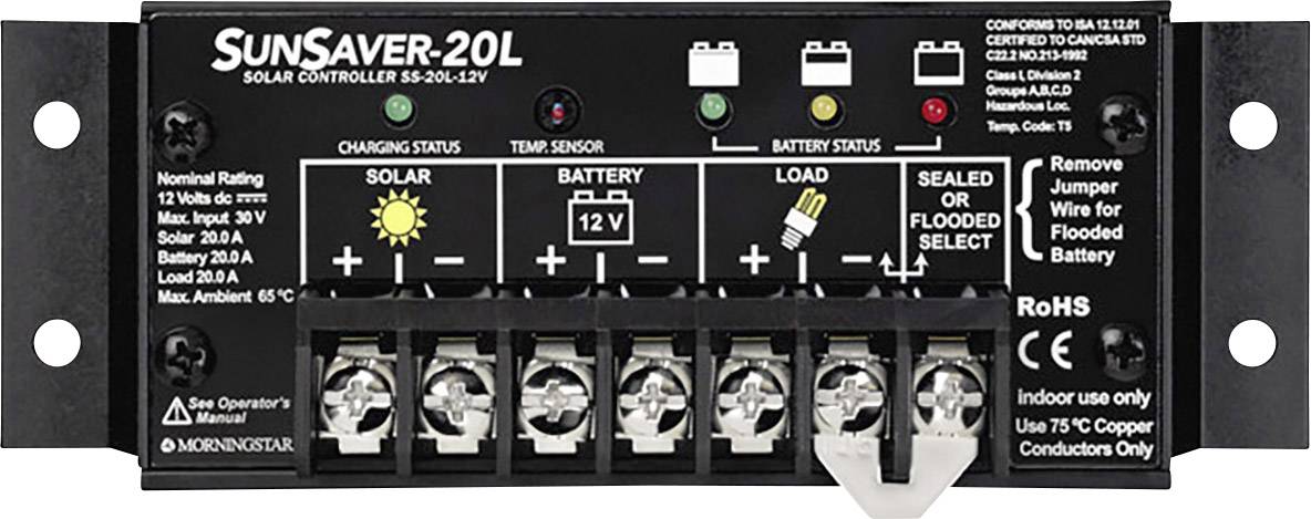 Solarstyrenhet SunSaver-20L med indikatorer för solar-, batteri- och laddningsslutsstatus. Designad för 20A och 12V system.