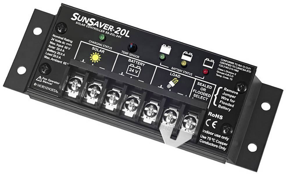 Solcellsladdningsregulator visar laddningsstatus för solpanel, batteri och last. LED-lampor: Gul (solpanel), Grön (batteri), Röd (last). Anslutningsklämmor nedtill.