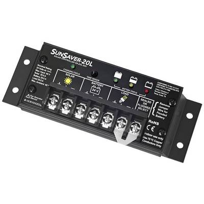 Solcellsladdningsregulator visar laddningsstatus för solpanel, batteri och last. LED-lampor: Gul (solpanel), Grön (batteri), Röd (last). Anslutningsklämmor nedtill.