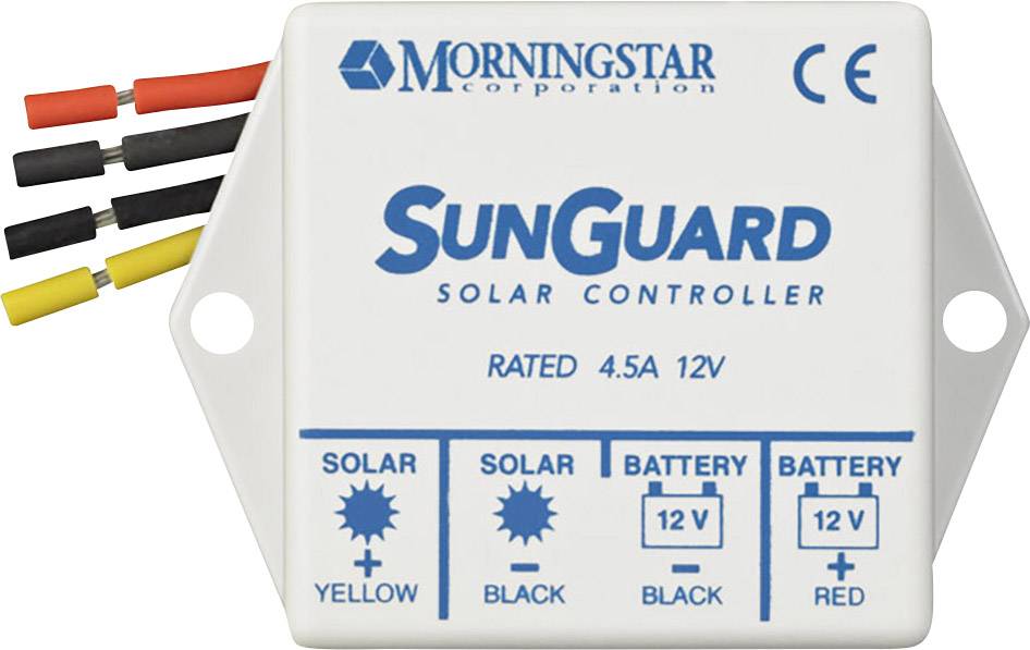 Solarkontroll SunGuard från Morningstar för 4,5A och 12V. Anslutningar: Solar gul/svart, batteri 12V svart/röd. CE-certifierad.