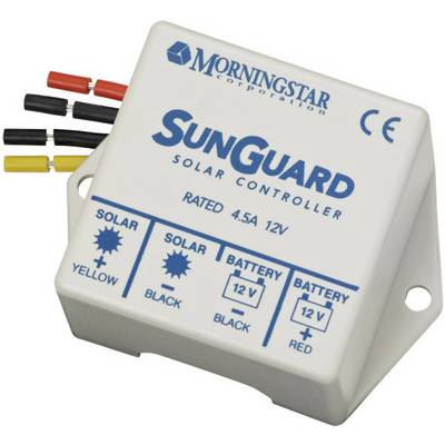 En solarladdningsregulator 'SunGuard' från Morningstar med anslutningar för solpanel (svart/gul) och batteri (svart/röd). Lämplig för 4,5A, 12V.
