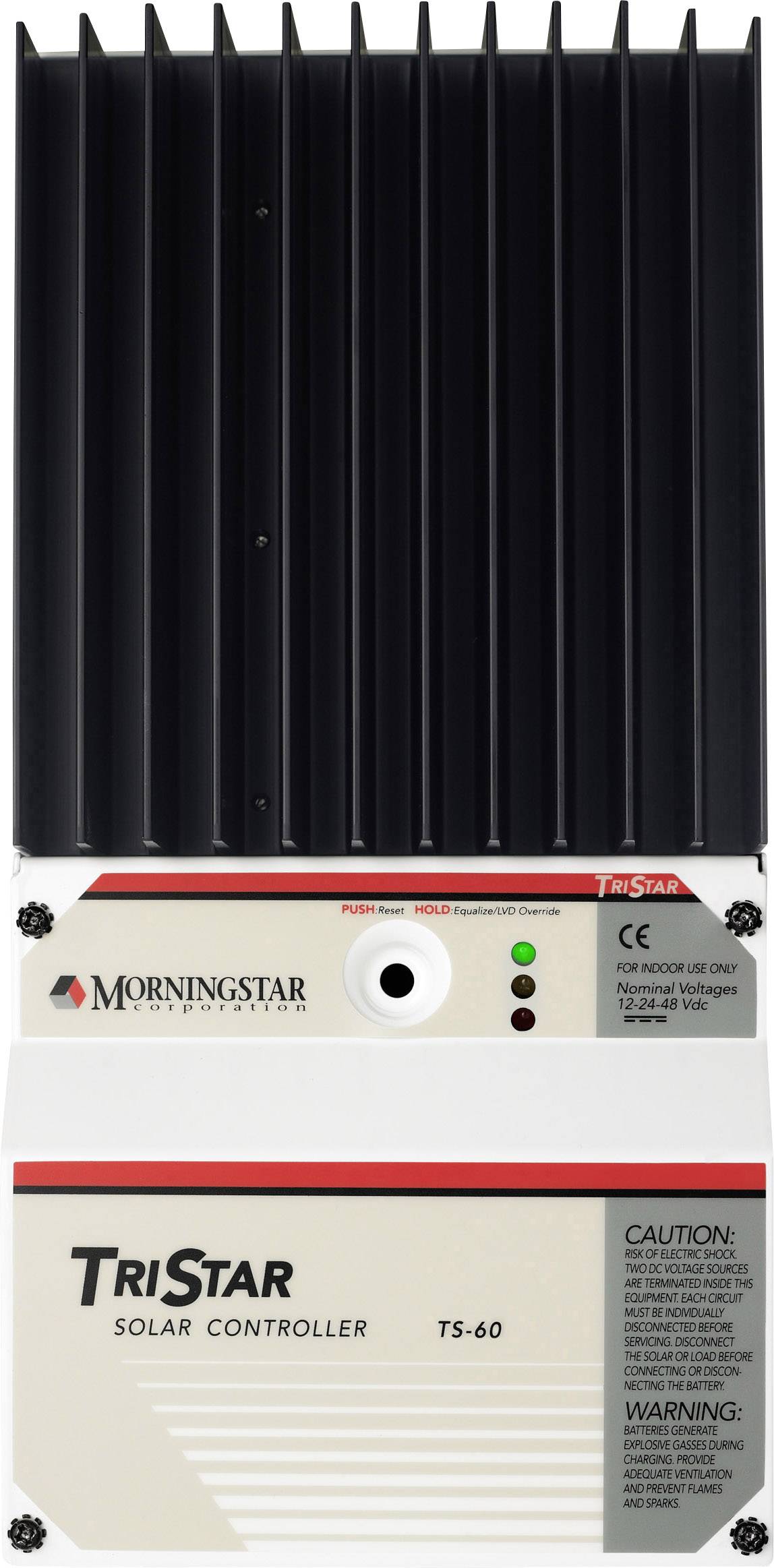 Solarladdningsregulator TriStar TS-60 från Morningstar. Visar LED-lampor för att indikera driftstatus. Innehåller varnings- och säkerhetsanvisningar.