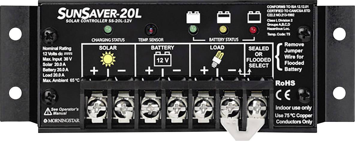 Sunsaver-20L solarkontroller visar laddningsstatus, batterispänning och temperatur. Anslutningar för solpanel, batteri och förbrukare finns tillgängliga.