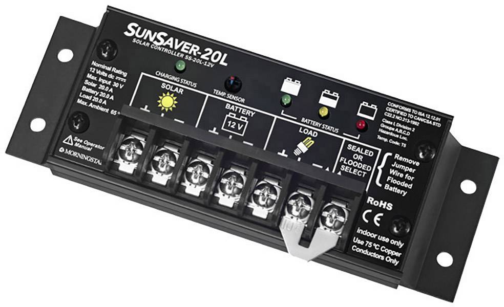 En 'SunSaver-20L' solarladdningsregulator med flera anslutningsklämmor och indikatorer för solpanels-, batteri- och laddningsstatusläge.