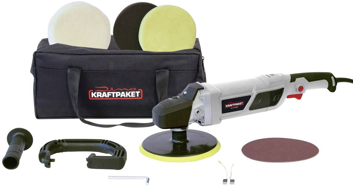 Polermaskin-set med olika pads, handtag och väska. Perfekt för polering av bilar eller andra ytor.
