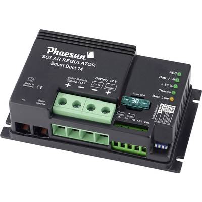 Svart solcellsladdregulator med gröna och svarta anslutningar, digitalskärm och flera knappar. Påskrift: 'Phaesun Solar Regulator Smart Duet 14'.