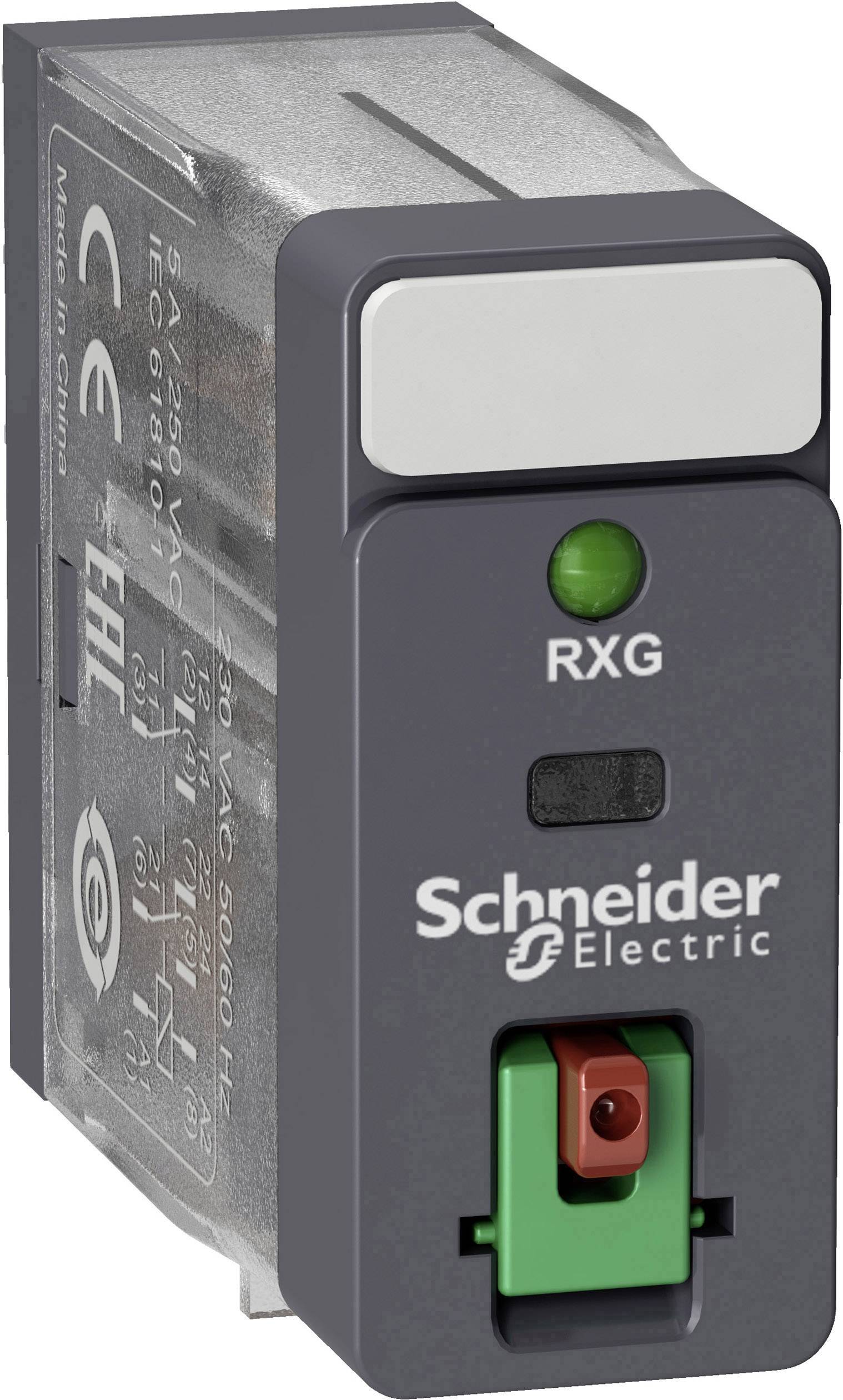 Reläer från Schneider Electric med grön LED-indikator 'RXG' och röd omkopplare. Lämplig för industriella tillämpningar.