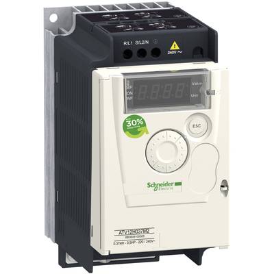 En vit frekvensomriktare från Schneider Electric med en digital display, knappar för styrning och en 30%-energibesparingsmärkning.