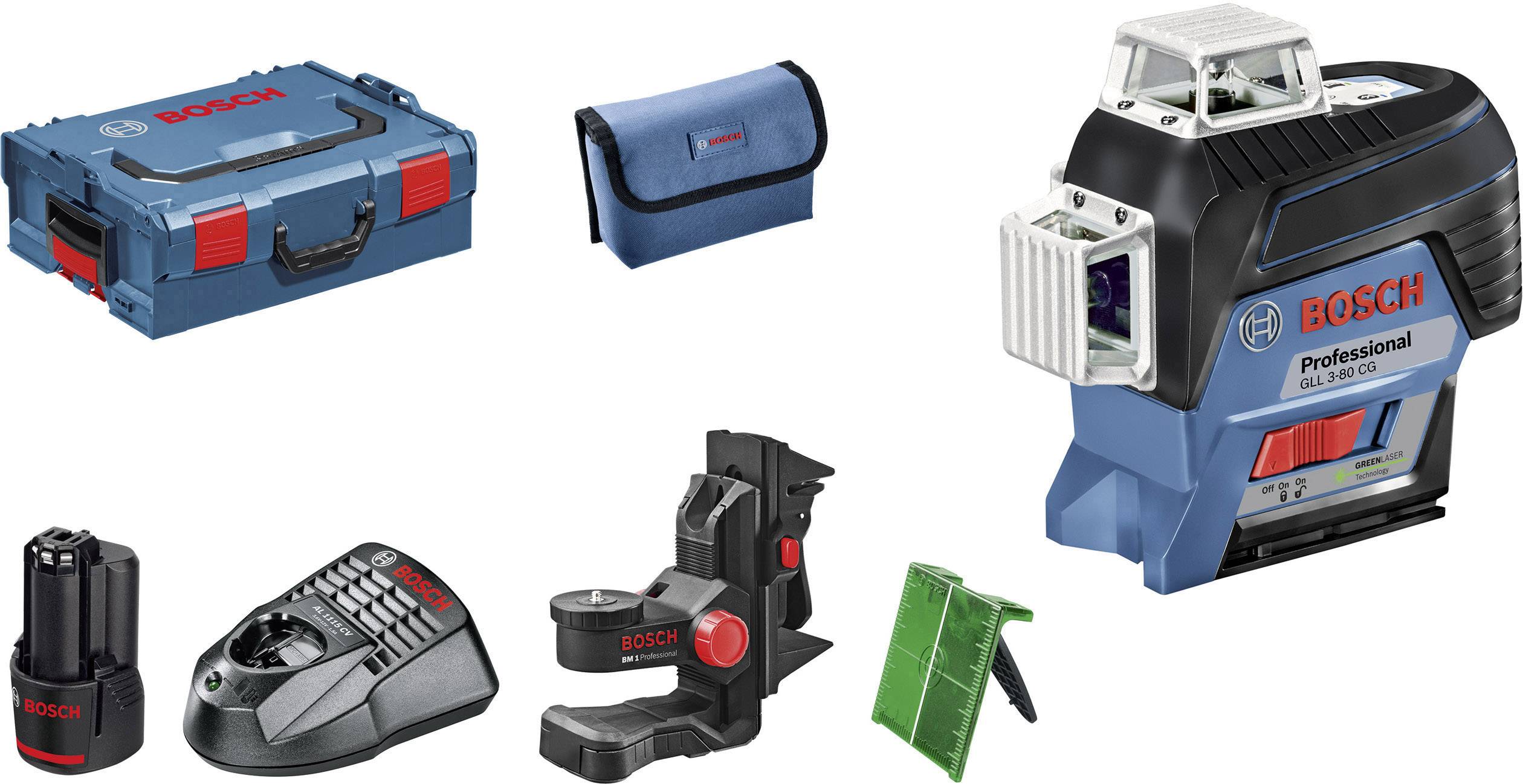 Bosch professionell verktygssats med lasernivåinstrument, klämmor, laddare och batterier. Innehåller transportväska och tillbehör.