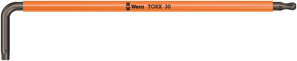 Torx-nyckel med orange handtag, där det står 'Wera TORX 30'. Nyckeln har en L-form och ett Torx-huvud.