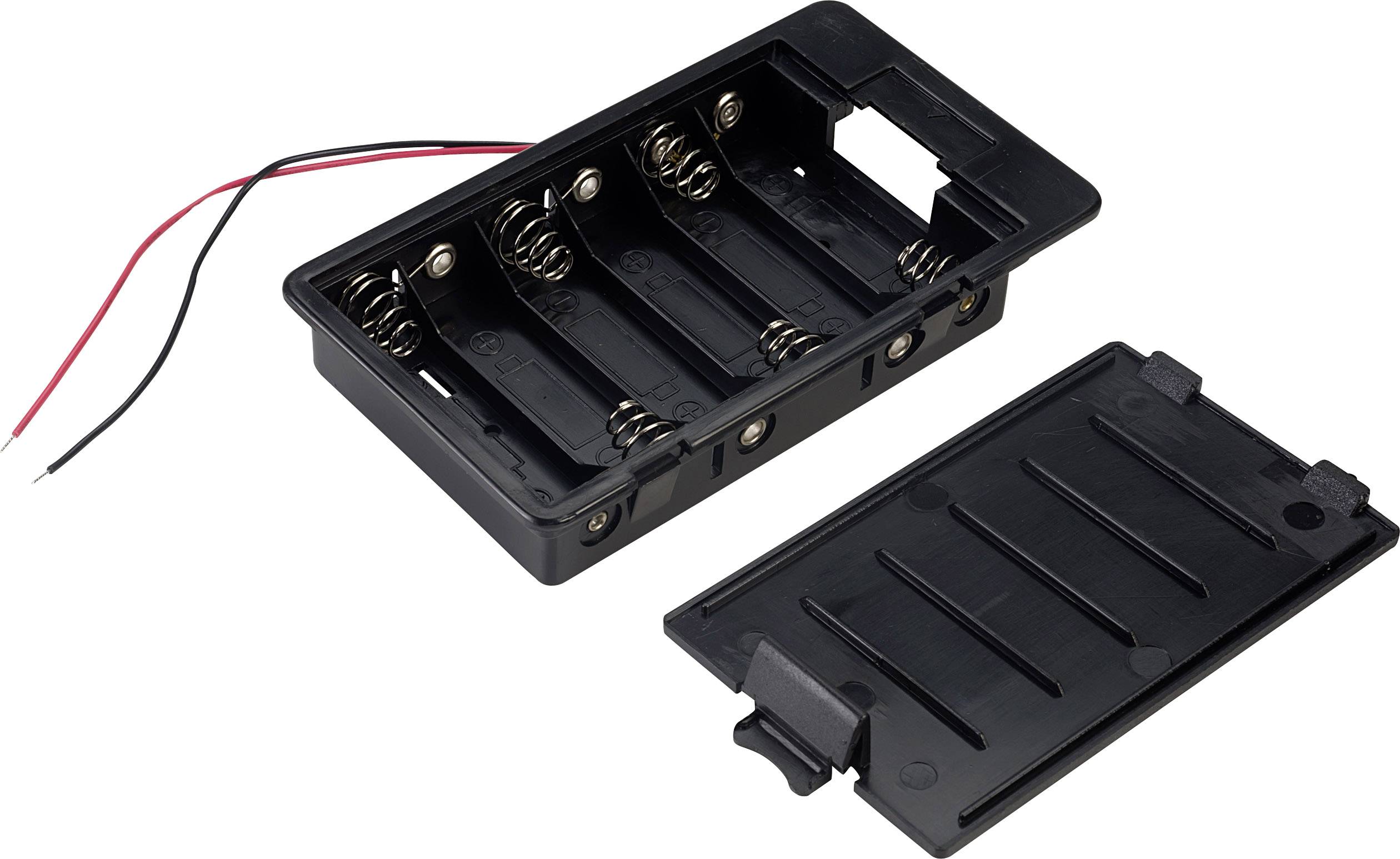 Svart batterifack för fyra AA-batterier med borttaget lock, visar inre metallfjädrar och utstickande trådar.