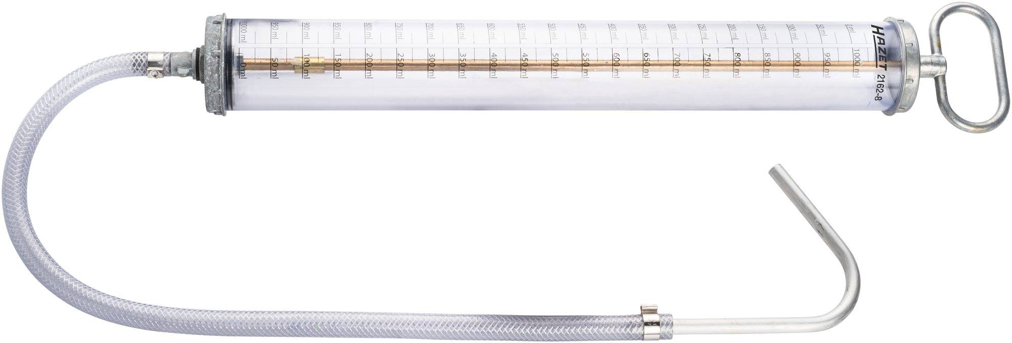 En transparent handpump med mätskala, flexibel slang och metallhandtag, lämplig för överföring eller pumpning av vätskor.