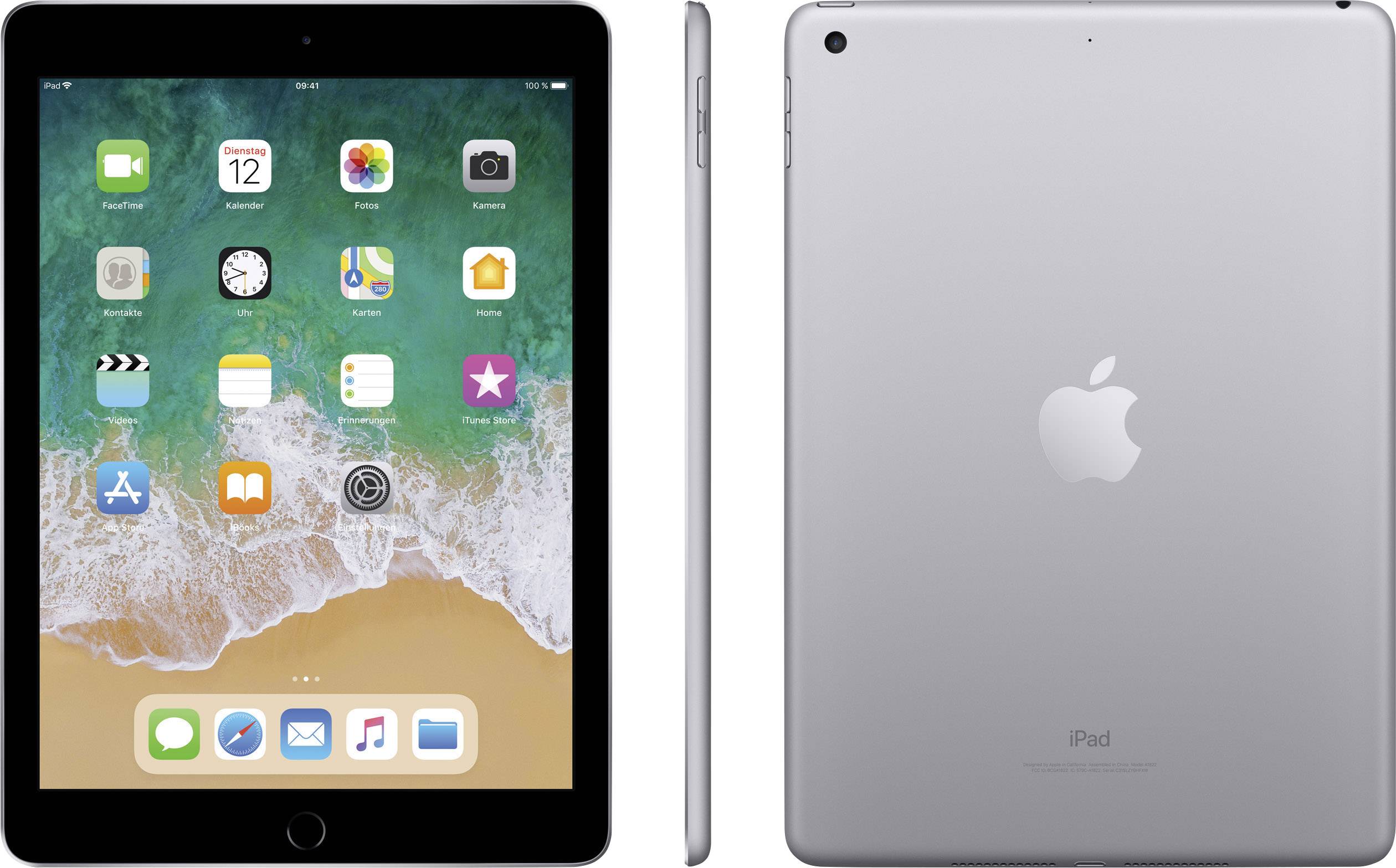 En surfplatta i två vyer: Framsidan visar appar på skärmen; baksidan med ett äpplelogo.