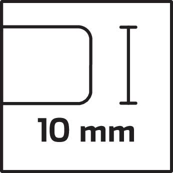 En vit, rektangulär kontur med en rätvinklig hörn är placerad uppe till vänster. Ett kort vertikalt streck till höger. Under detta står '10 mm'.