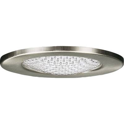 Rund taklampa med silverram och strukturerat glasskydd.
