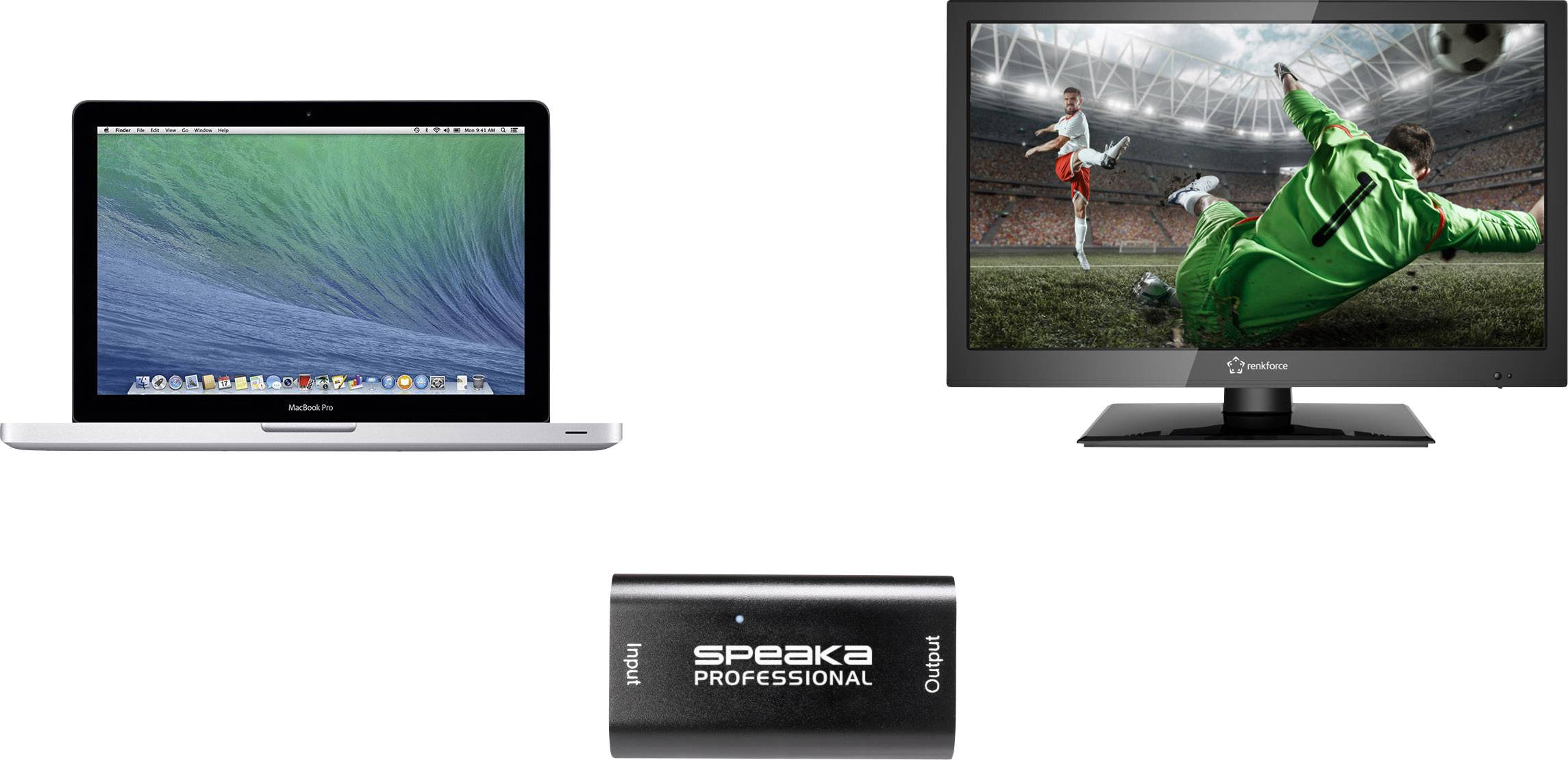 Bärbar dator, TV med fotbollsmatch, och HDMI-analog-konverterare.