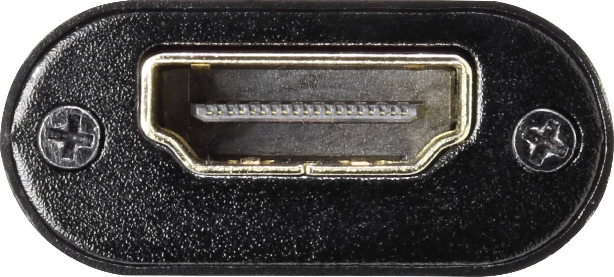 Närbild av en HDMI-kontakt med svart ram och guldkontakter.