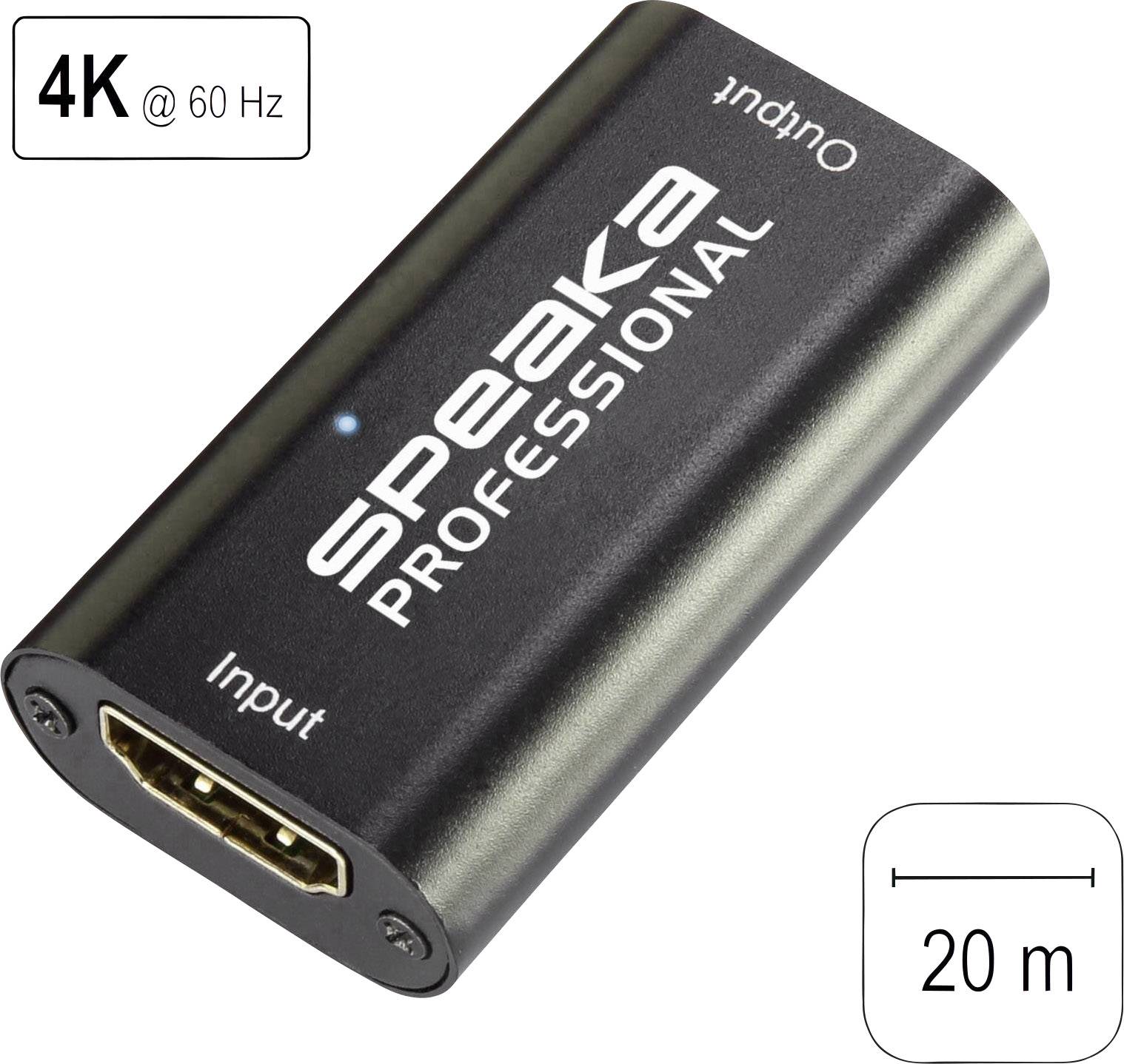Adapter från 'SpeaKa Professional' med HDMI-anslutningar och påskrift '4K @ 60 Hz'. Adaptern har en räckvidd på 20 m.