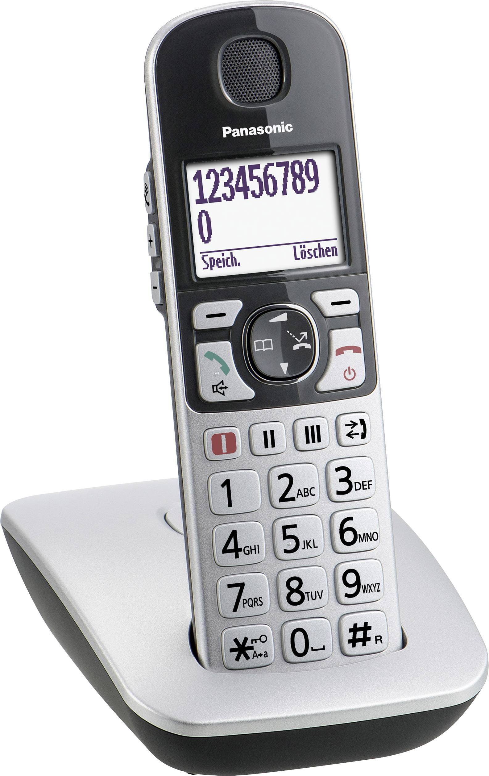 Trådlös telefon på laddningsstation, med stort knappsats och display som visar numret '1234567890'. Märke Panasonic.